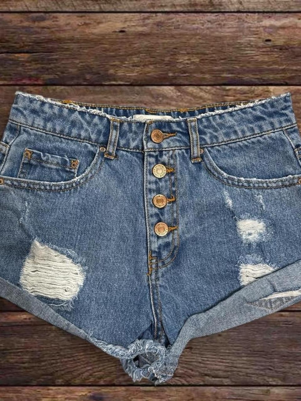 Forever 21 Mid Blue Distressed High-Rise Denim Shorts